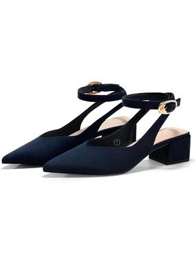 COUTGO Slingback Navy Blue Closed Pointed Toe Low Chunky Block Heel Shoes 9 NWT